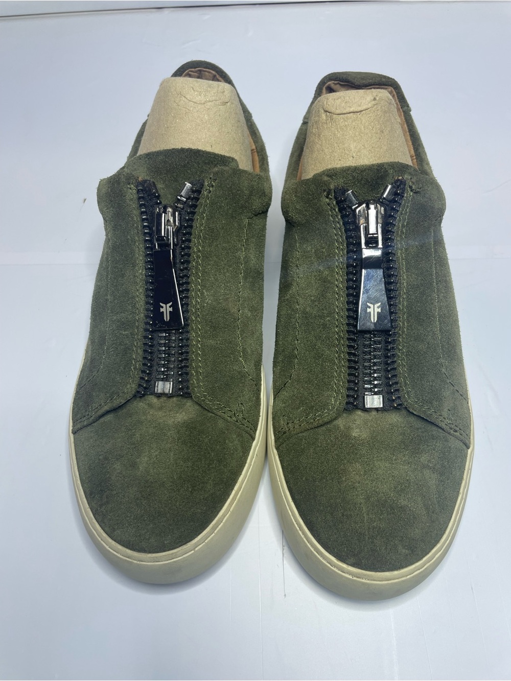 Frye Olive Suede Zip-Up Slip-Ons with Cream Sole Sz 8 women’s